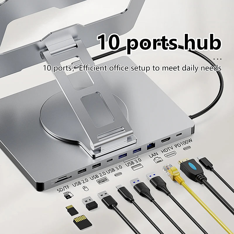 10 In 1 USB C Hub USB Hub 10 Port Aluminum Laptop HDTV 4K 60Hz PD 100W USB3.0 USB2.0 RJ45 SD TF Hub Stand Docking Station